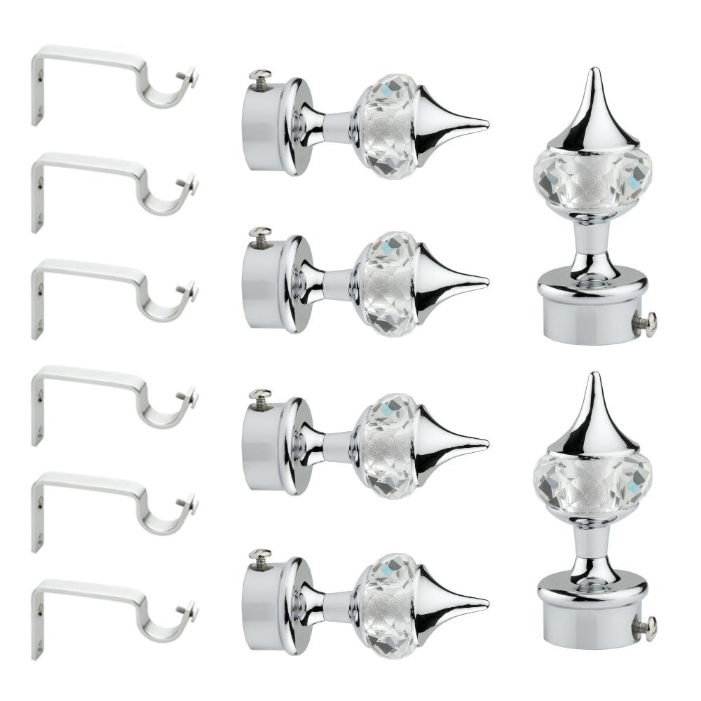 Gloxy Single Diamond Aluminium Curtain Rod Finials with Support– Silver 3 Pair