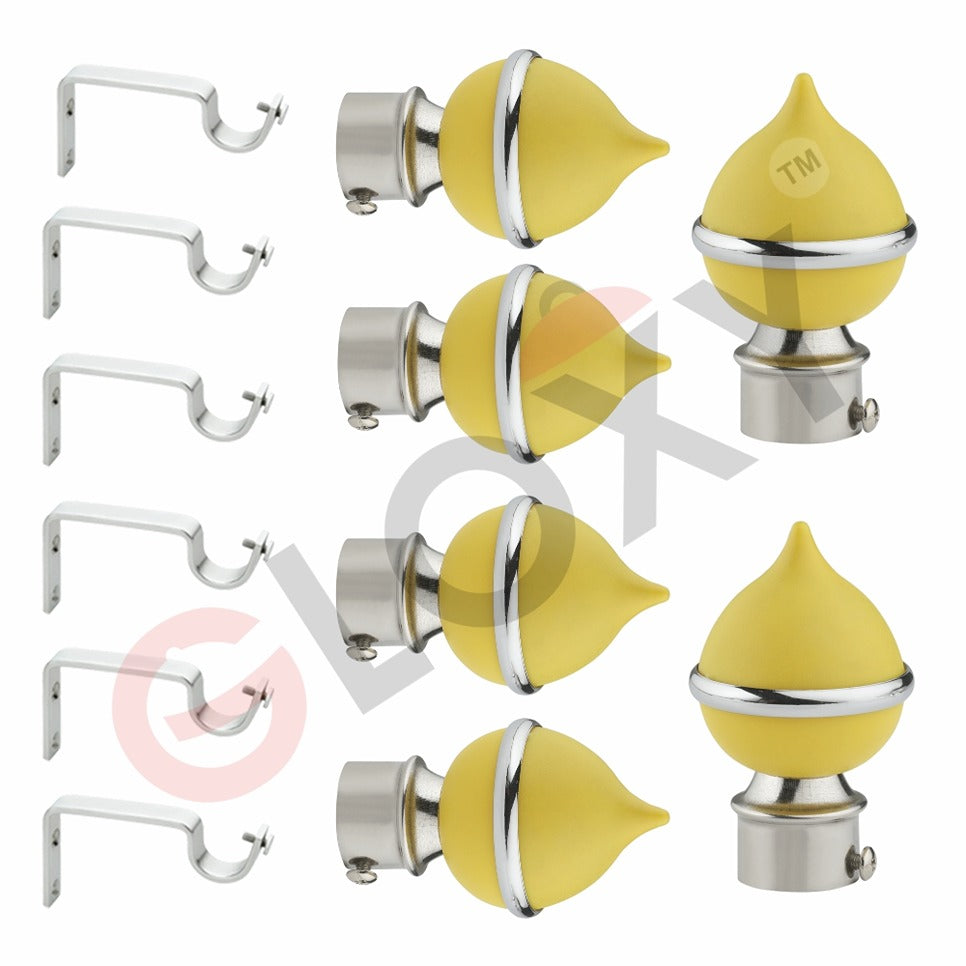 Gloxy Matka Shape Stainless Steel & ABS Curtain Rod Finials with Support– Yellow 3 Pair