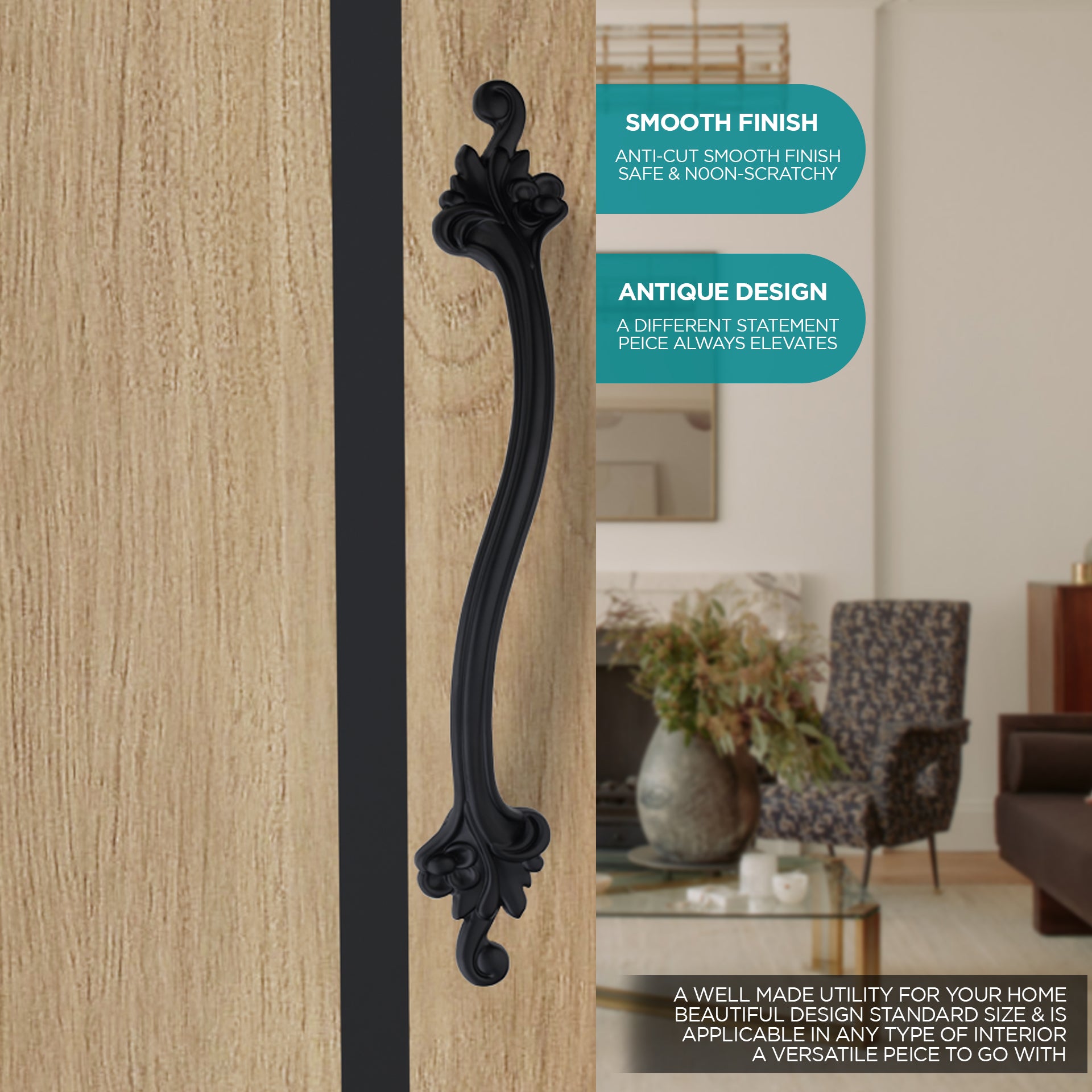 GLOXY Aluminium 14 Inch Flower Design Door Handles for Main Door Handle Decorative Push & Pull Handle for Glass & Wooden Door for All The Doors of Houses, Offices, Hotels-Black Finish