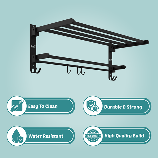 Gloxy Rectangular Shape Stainless Steel Black Finsih Folding 2-Bar Towel Rack with Adjustable Hook-24 Inch