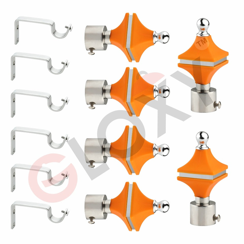 Gloxy Hexa Shape Stainless Steel & ABS Shape Aluminium Curtain Rod Finials with Support– Orange 3 Pair