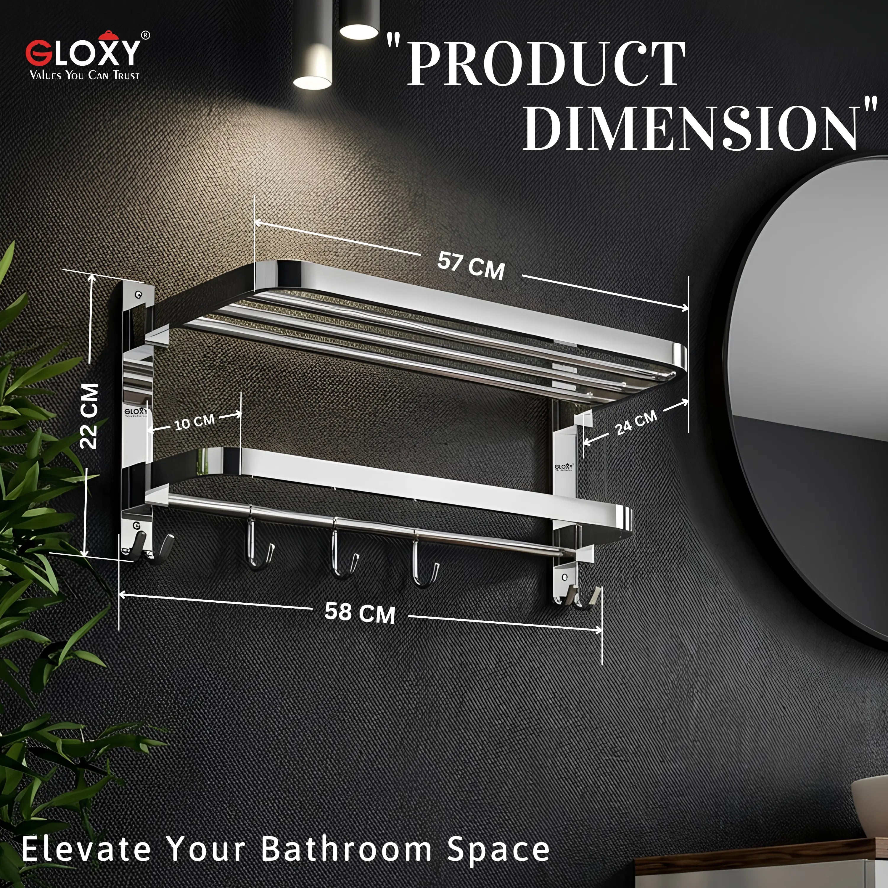 GLOXY Premium SS 304 Towel Rack 24 Inch | Wall Mounted Foldable Bathroom Towel Holder with Shelf & Hooks