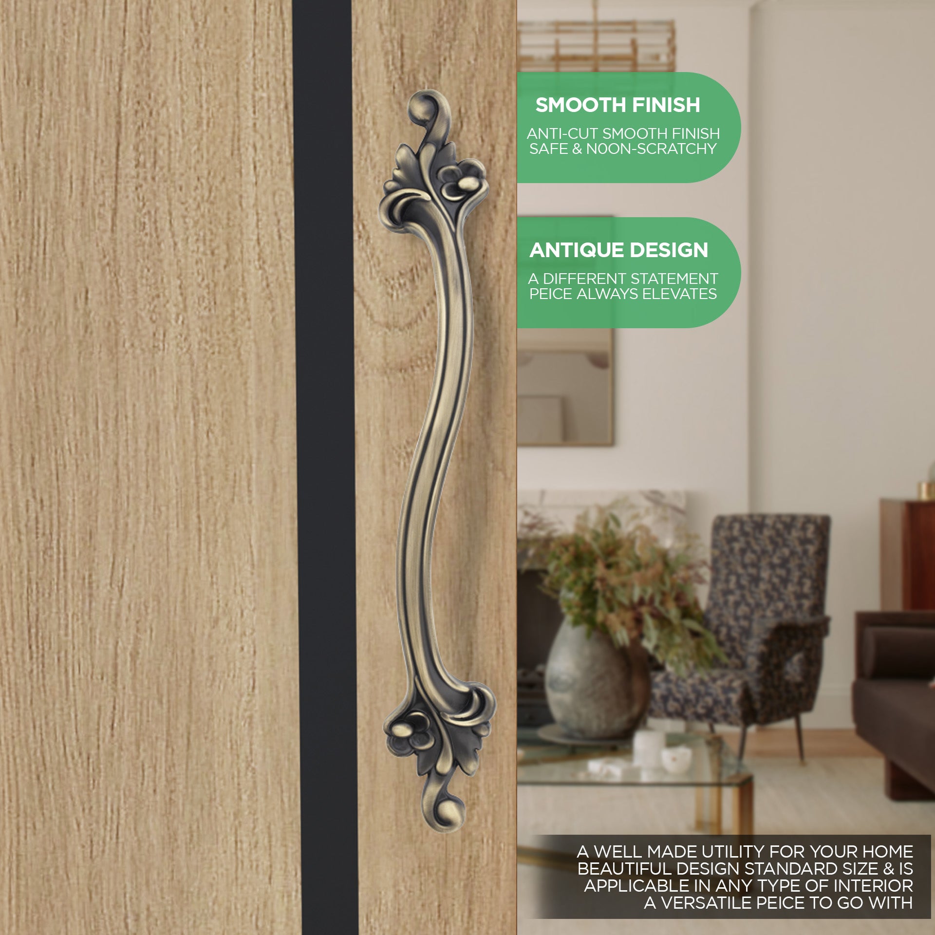 GLOXY Aluminium 14 inch Flower Design Main Door Handle Decorative Push & Pull Door Handle Knocker Classy Stylish & Durable Look for Glass and Wooden Door -Antique Finish