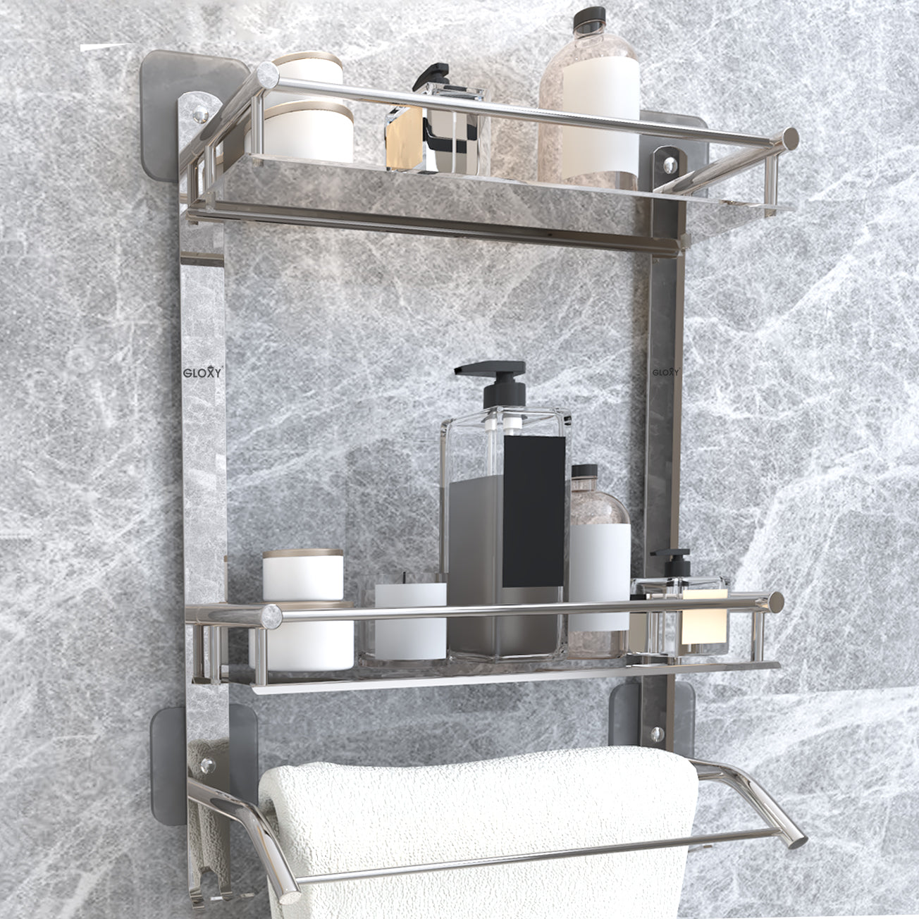 Silver Rectangular Shape Stainless Steel Multipurpose 3 Layer Bathroom Shelf