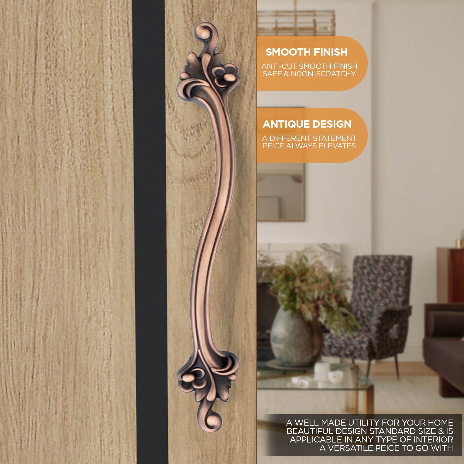 GLOXY Aluminium Flower Design Door Handles for Main Door Handle Decorative Push & Pull Handle Vintage Copper Antique Classy Look for Glass and Wooden Door-Antique Finish