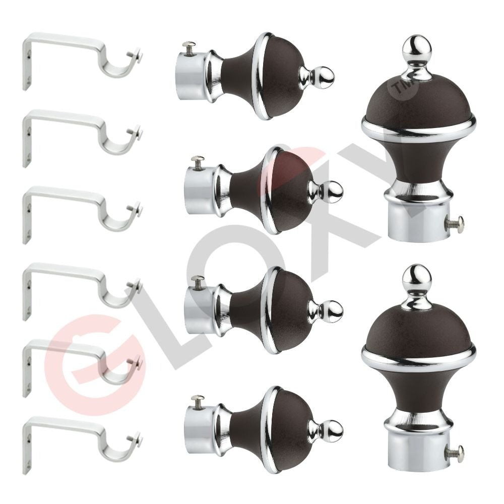 Gloxy Manjira Shape Stainless Steel & ABS Curtain Rod Finials with Support– Brown 3 Pair