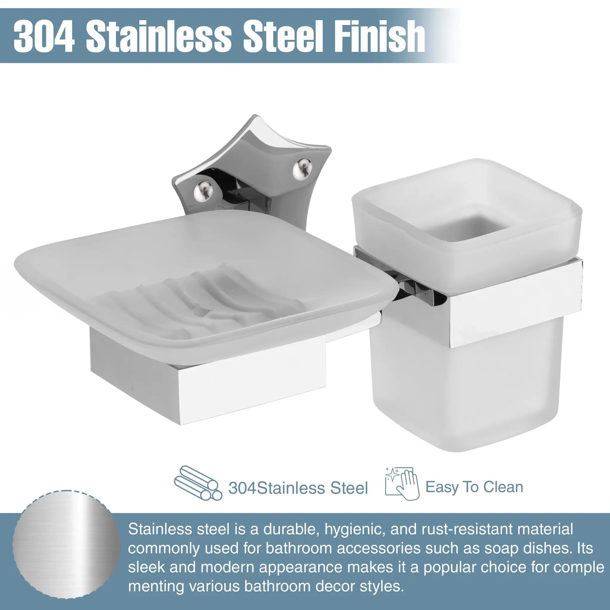 Star Shape Stainless Steel SS304 Soap Holder with Glass Toothbrush Holder (Silver)-by GLOXY®