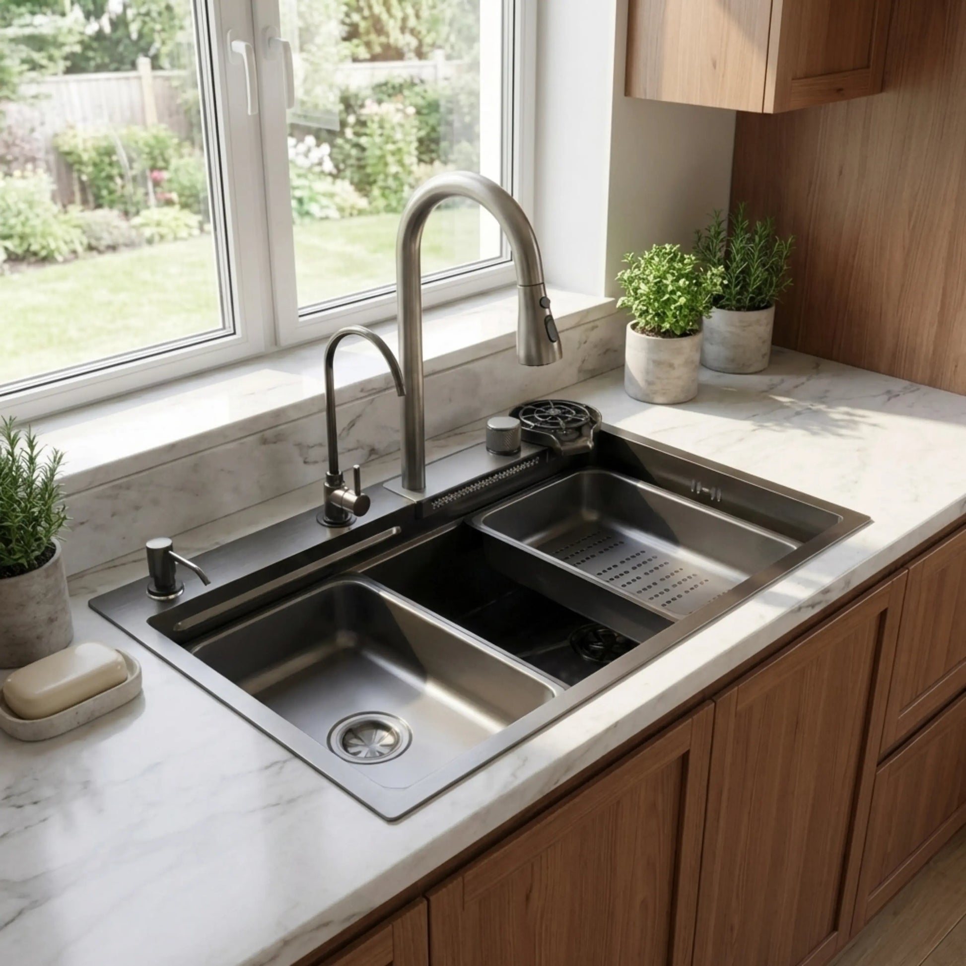 GLOXY Stainless Steel Waterfall Sink With Waterfall Faucet,RO Tap
