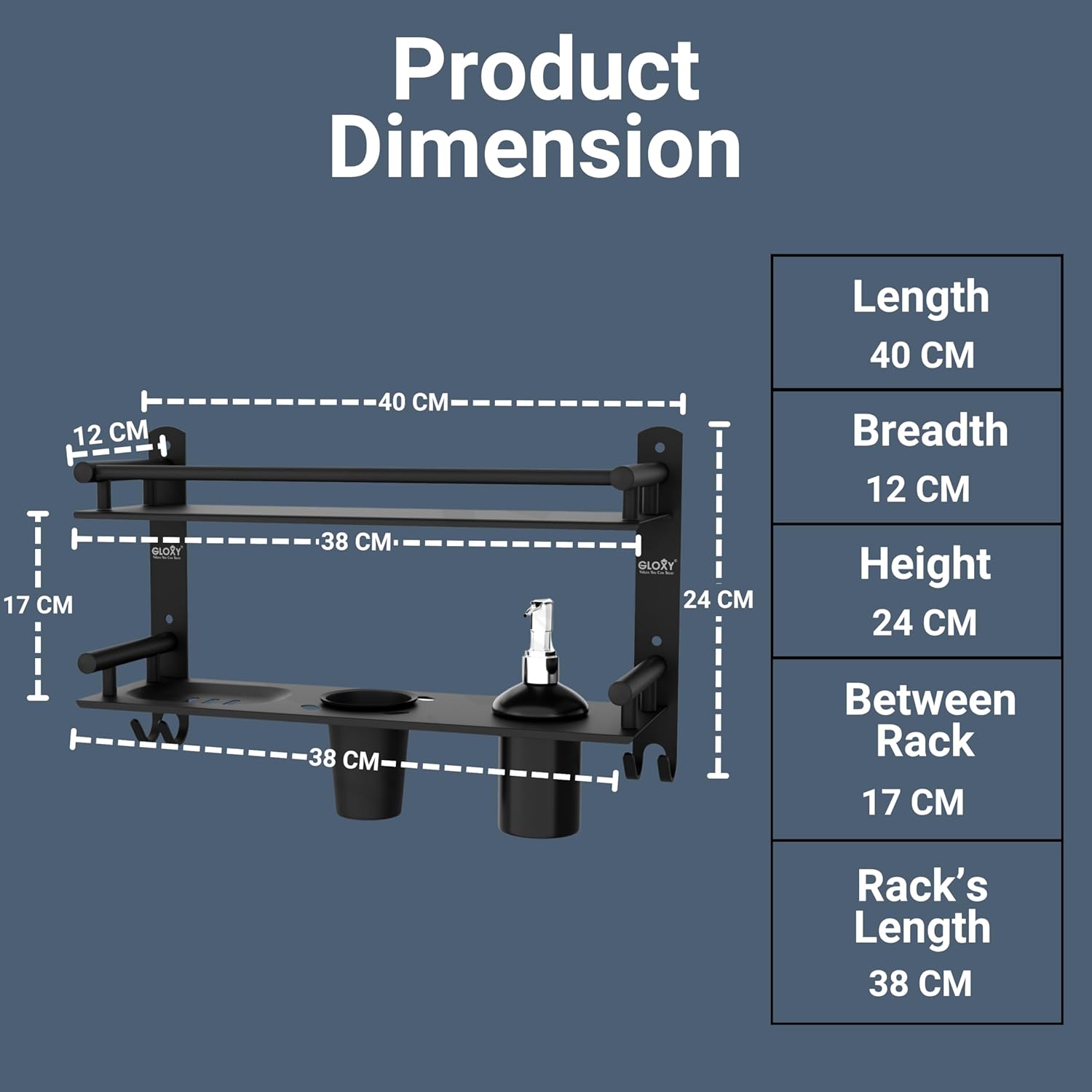 Gloxy Stainless Steel 2-Layer Black Finish Bathroom Shelf with Tumbler Holder, Soap Dish & Liquid Dispenser
