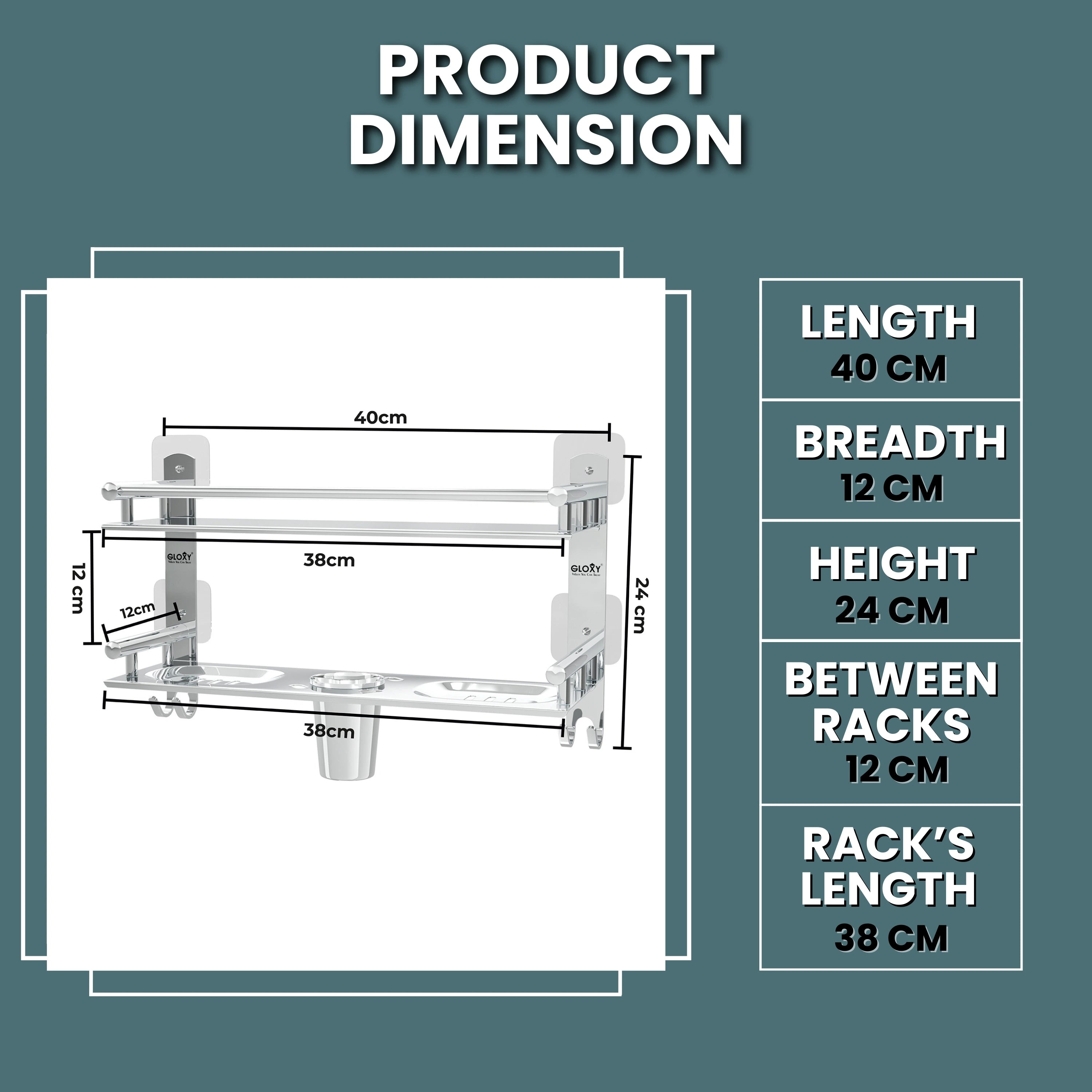 Gloxy Stainless Steel 2-Layer Chrome Finish Bathroom Shelf with Soap Dish, Tumbler Holder, Hooks-Adhesive Sticker Installation
