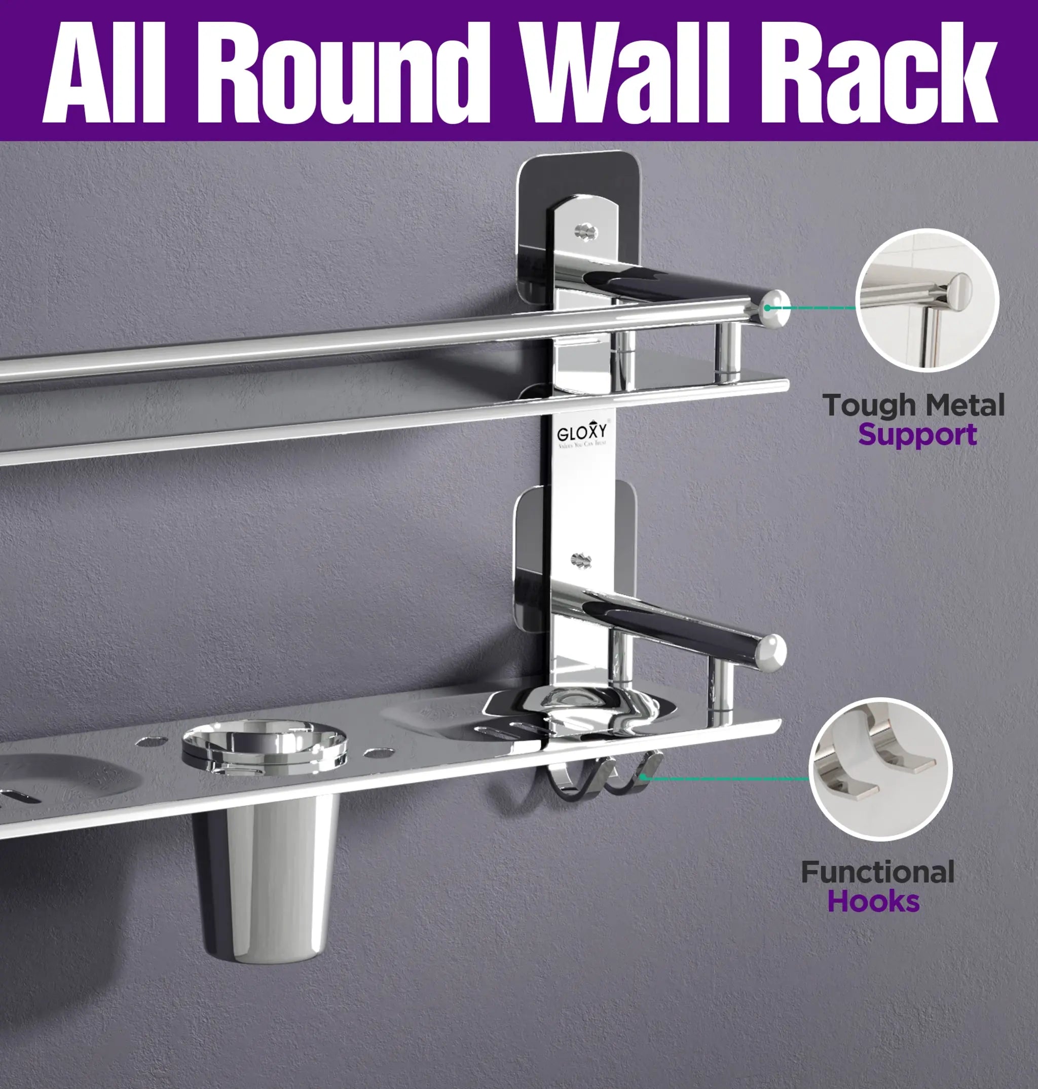 Gloxy Stainless Steel 2-Layer Chrome Finish Bathroom Shelf with Soap Dish, Tumbler Holder, Hooks-Adhesive Sticker Installation