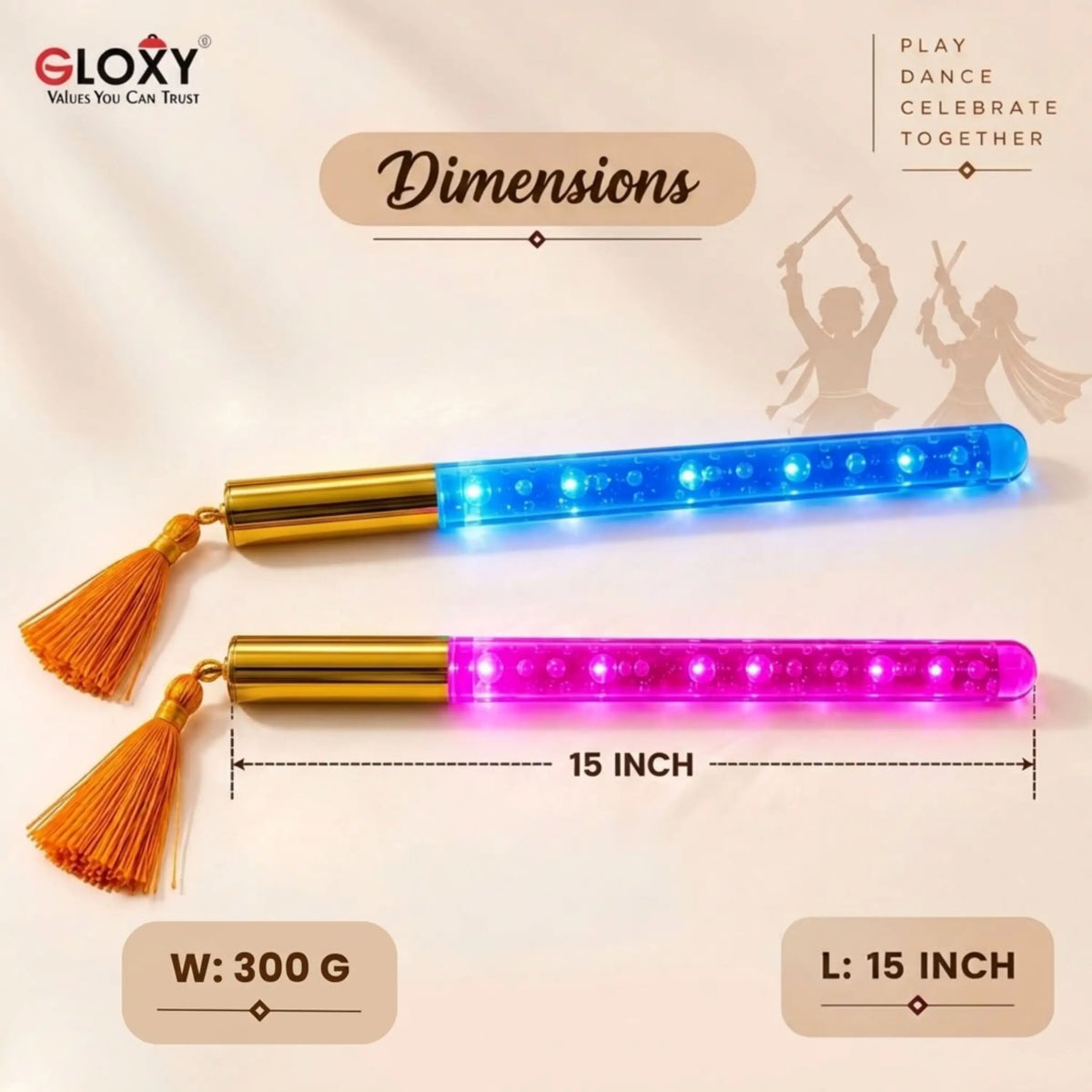 Multi Colour LED Dandiya Sticks for Garba & Navratri – Rechargeable Colour Changing Light Up Dandiya | Gold