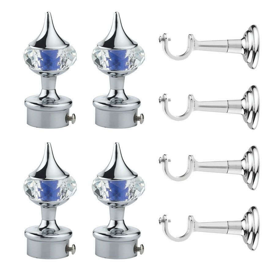 Gloxy Single Diamond Aluminium Curtain Rod Finials with Support– Blue 2 Pair