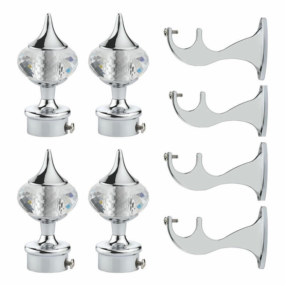 Gloxy Single Diamond Aluminium Curtain Rod Finials with Support– Silver 2 Pair