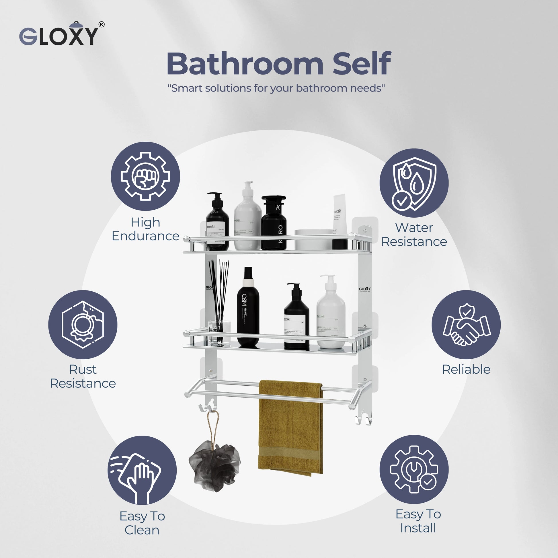Gloxy Stainless Steel 3-Layer Chrome Finish Bathroom Shelf with Towel Holder-Adhesive Sticker Installation