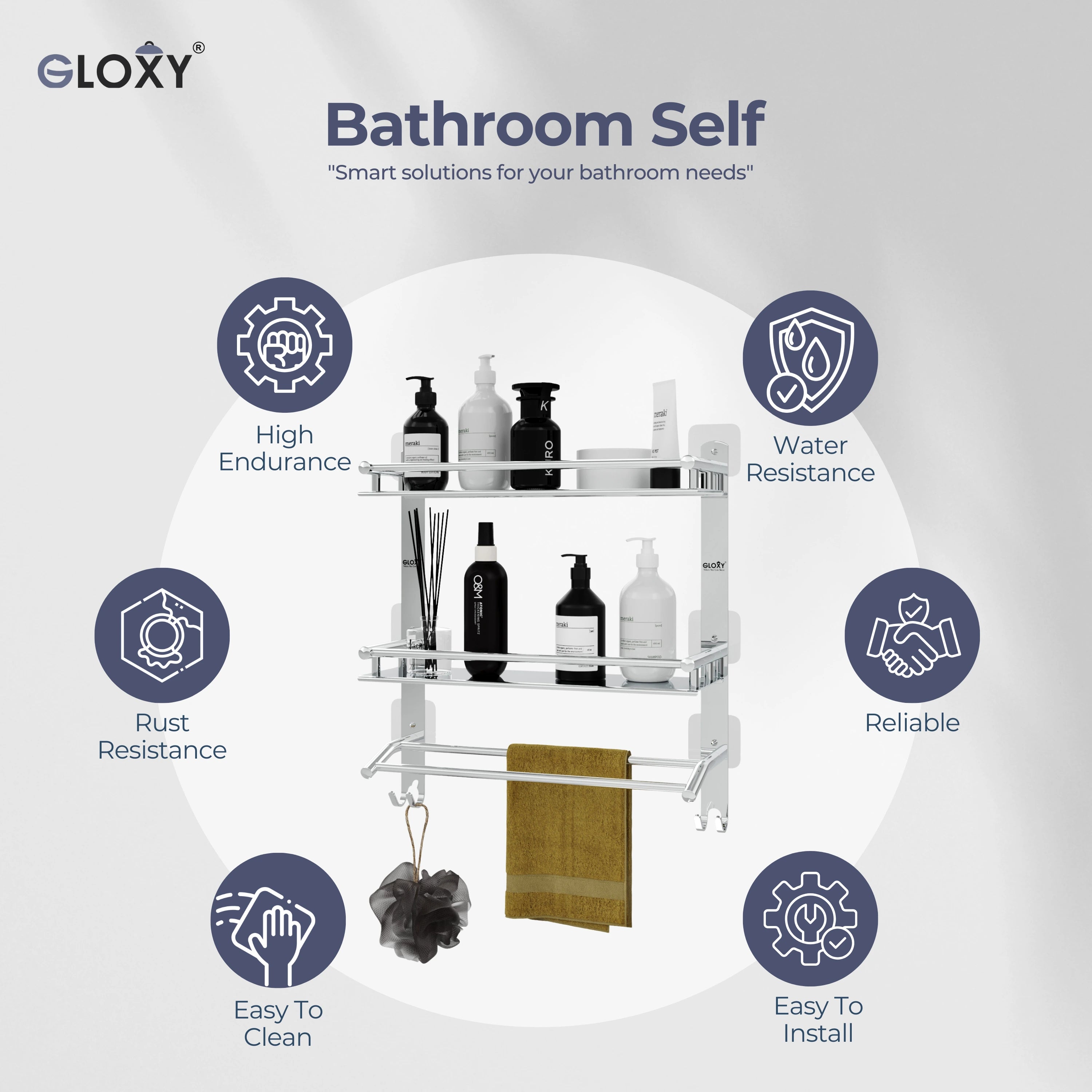 Gloxy Stainless Steel 3-Layer Chrome Finish Bathroom Shelf with Towel Holder-Adhesive Sticker Installation