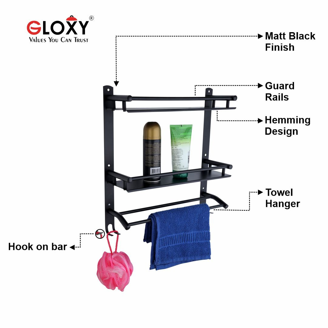Stainless Steel 2 Layer Matt Black Finish Bathroom Shelf