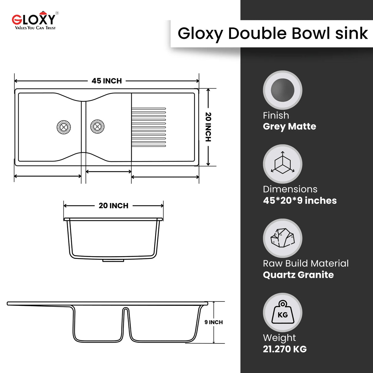 GLOXY Quartz Granite Double Bowl Kitchen Sink with Drain Board | 45 × 20 × 9 Inches (Grey Matte)
