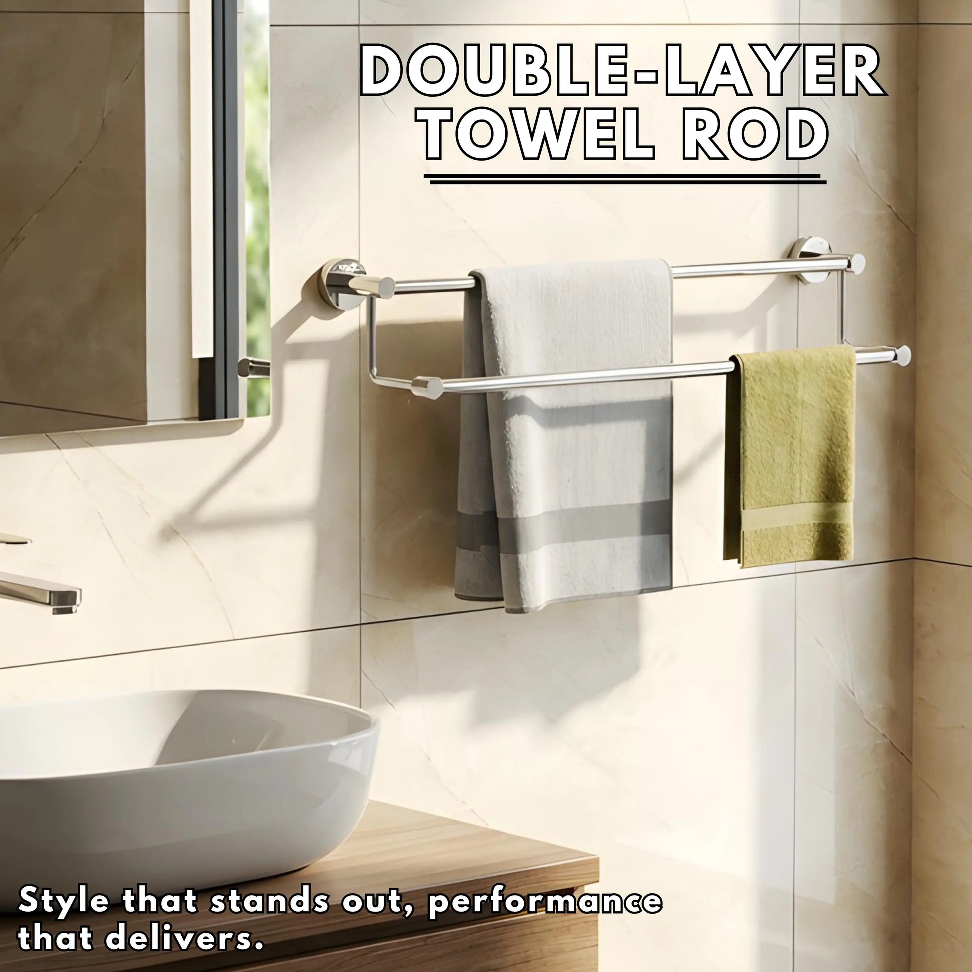 Gloxy Stainless Steel Chrome Finish 2 Layer Towel Rod for Bathroom -24 Inch