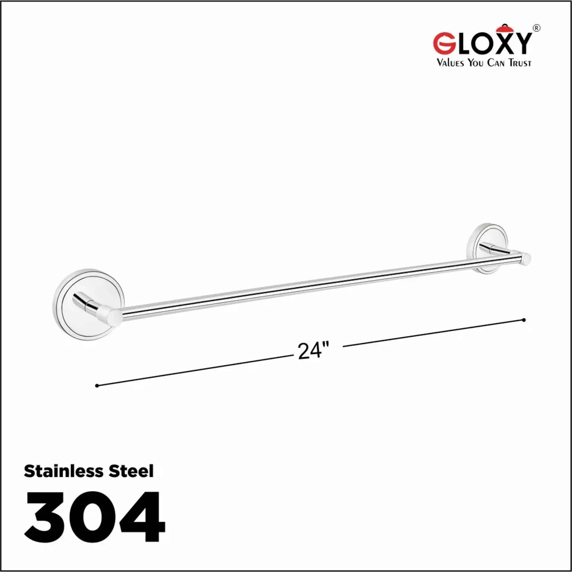 Stainless steel towel bar with dimensions on a white background, featuring the Gloxy brand.