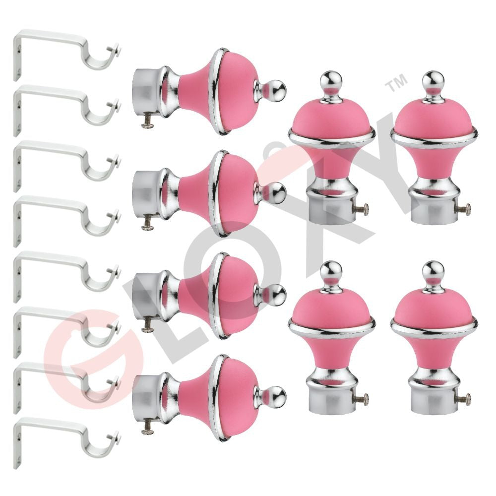 Gloxy Manjira Shape Stainless Steel & ABS Curtain Rod Finials with Support– Pink 4 Pair