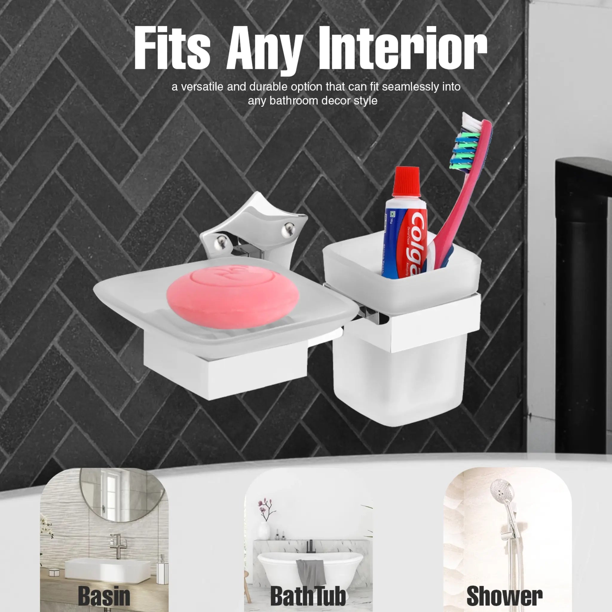 Star Shape Stainless Steel SS304 Soap Holder with Glass Toothbrush Holder (Silver)-by GLOXY®
