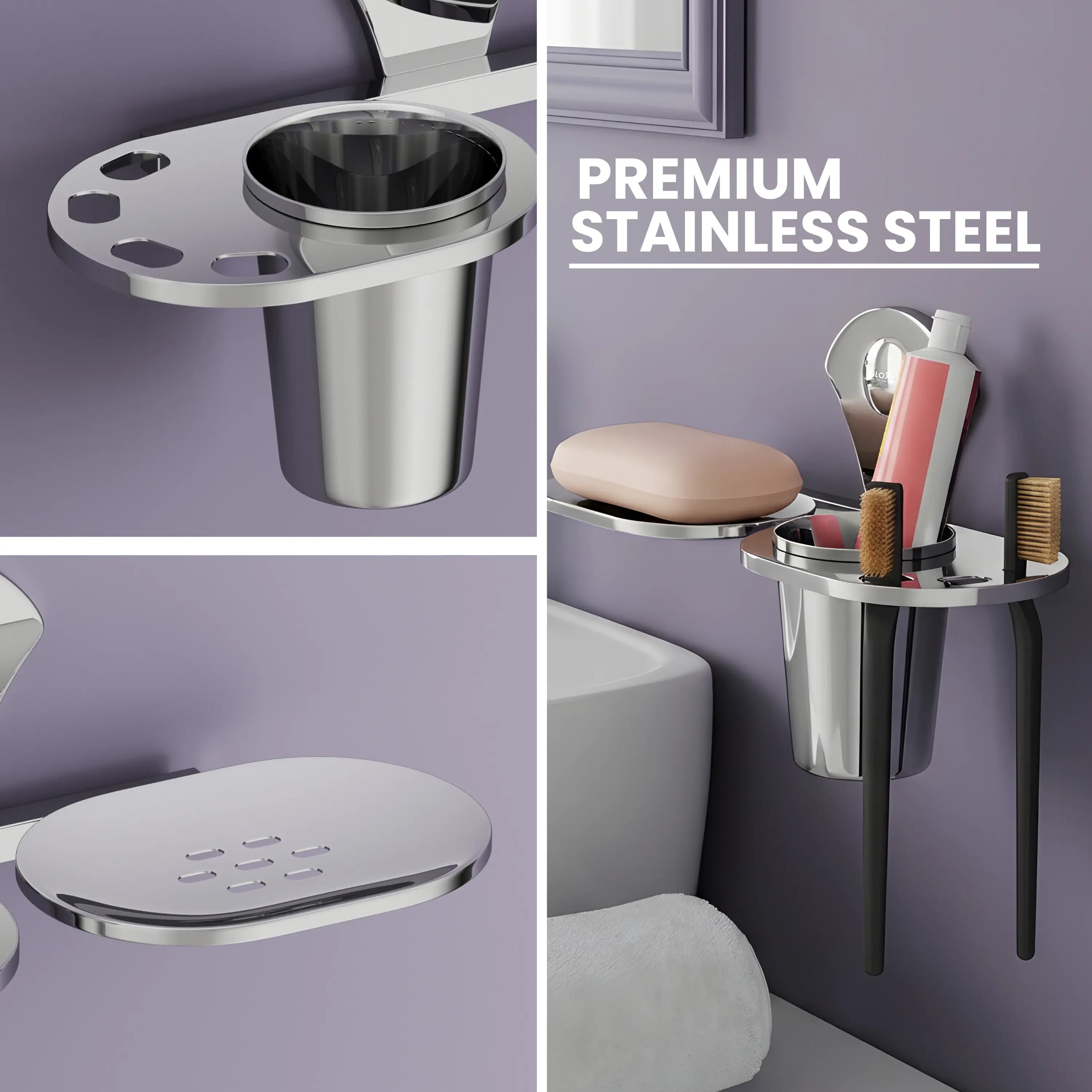 Gloxy Stainless Steel Single Soap Holder Wall Mounted With Toothbrush Holder