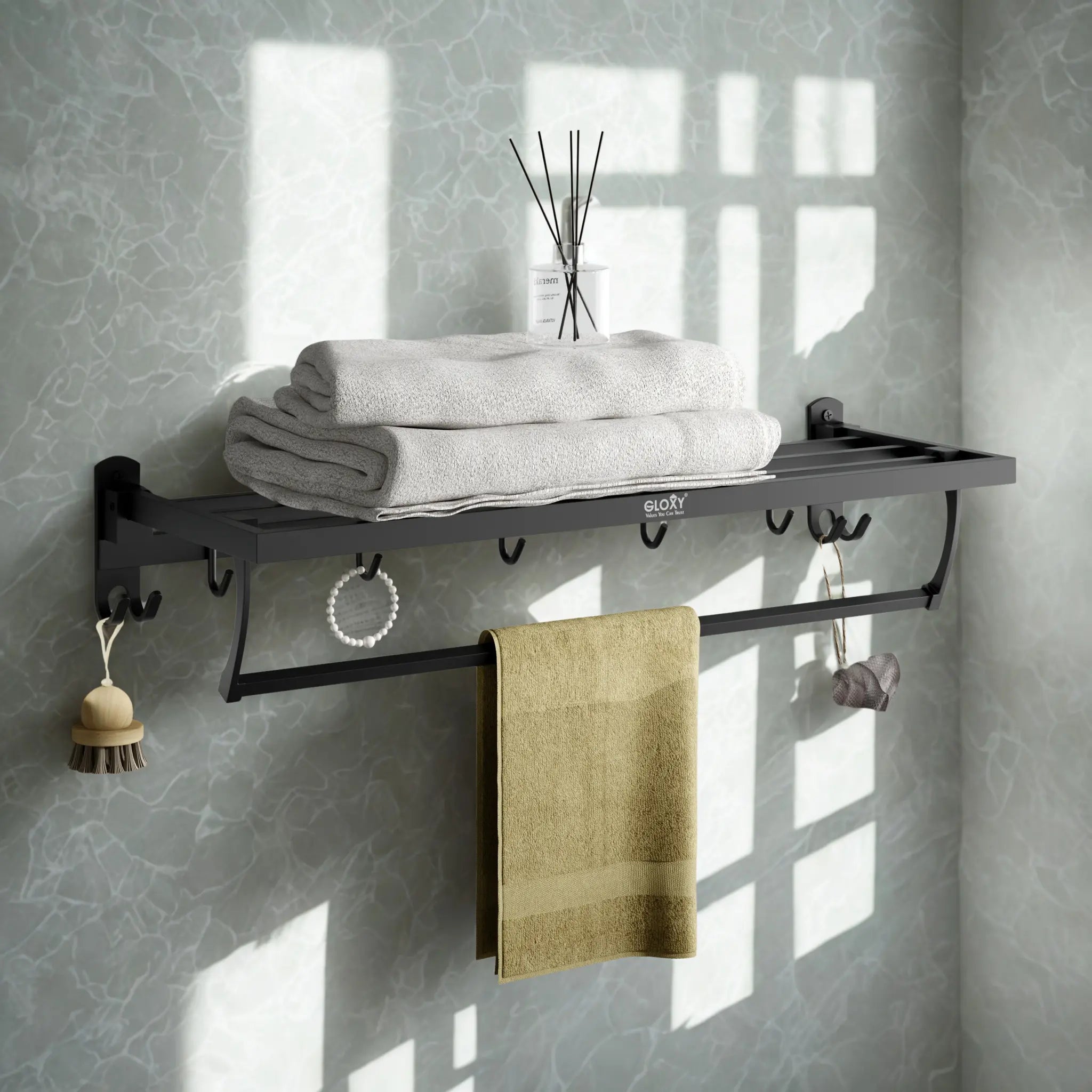 Gloxy Stainless Steel Black Finsih Folding Bar Towel Rack with Hook-24 Inch