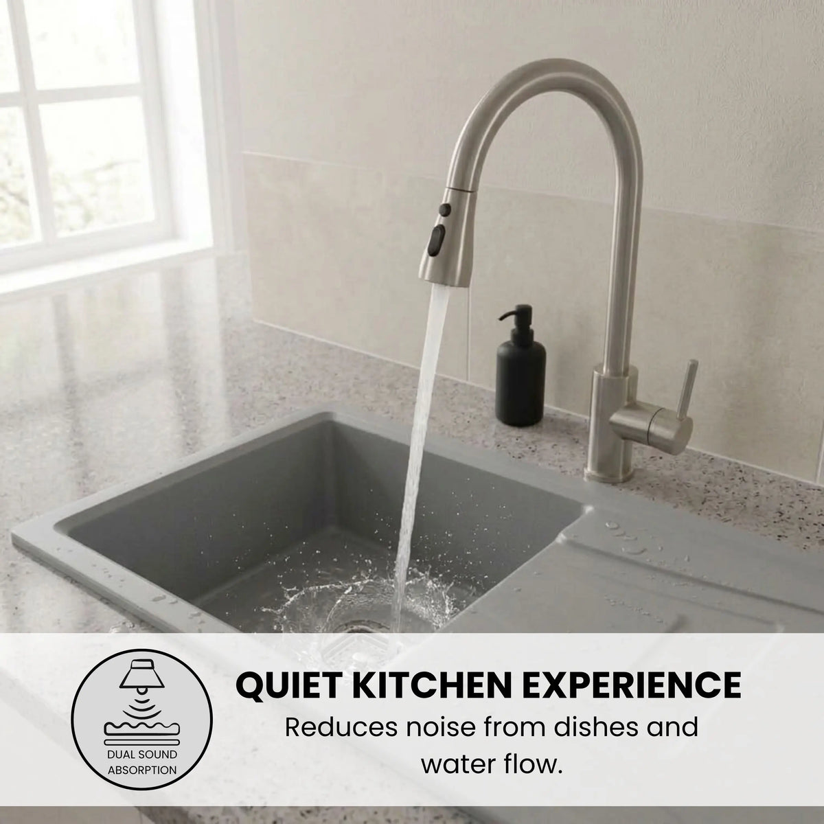 Gloxy Quartz Granite Single Bowl Kitchen Sink with Drain Board | 36 × 18 × 9 Inches (Grey Matte)