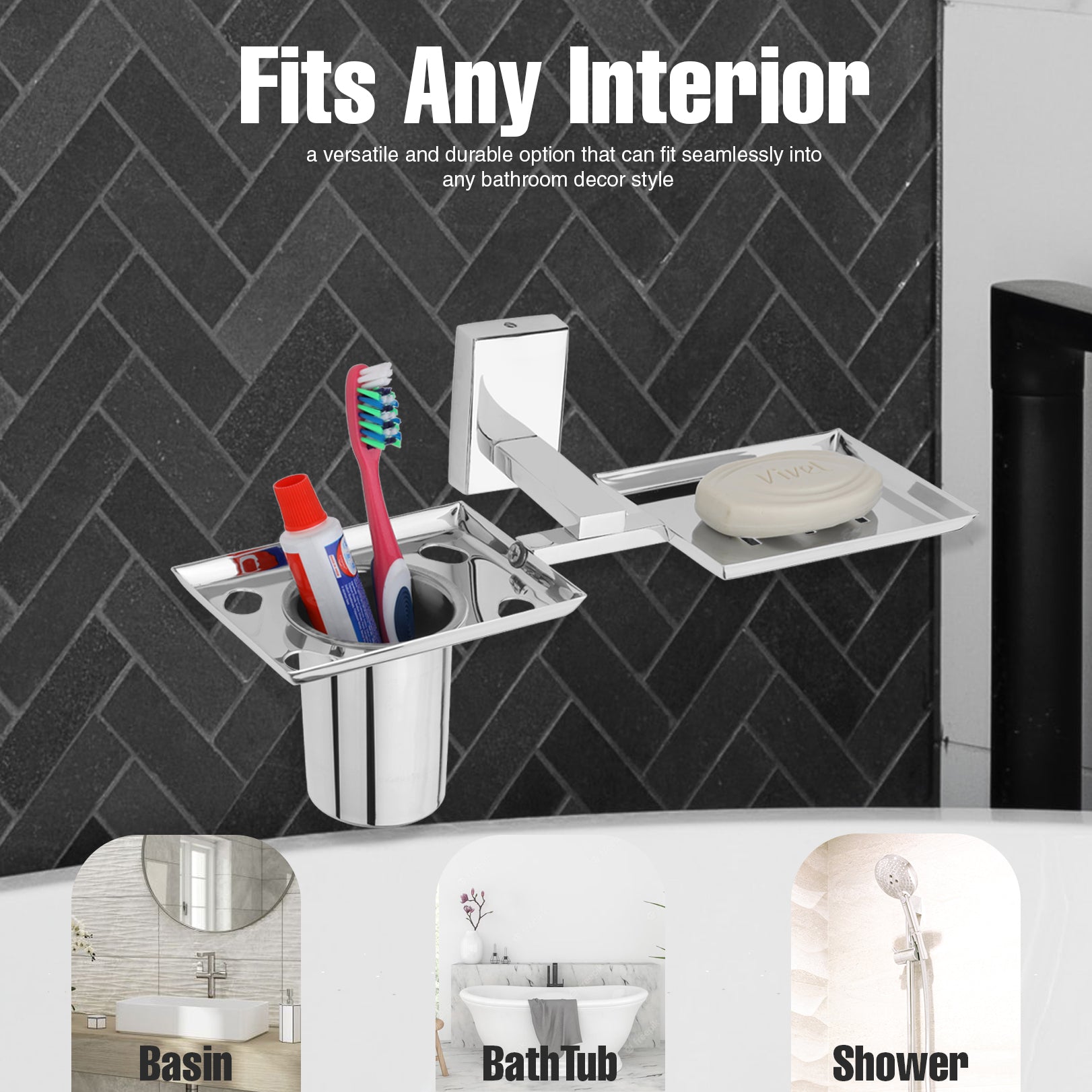Stainless Steel Silver Soap Holder with Toothbrush Holder