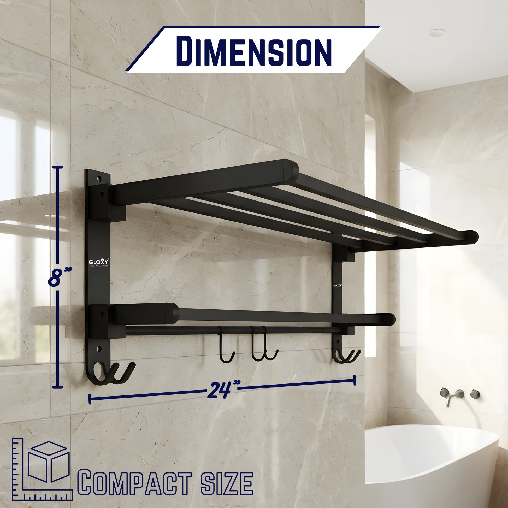 Gloxy Rectangular Shape Stainless Steel Black Finsih Folding 24 Inch Towel Rack For Bathroom