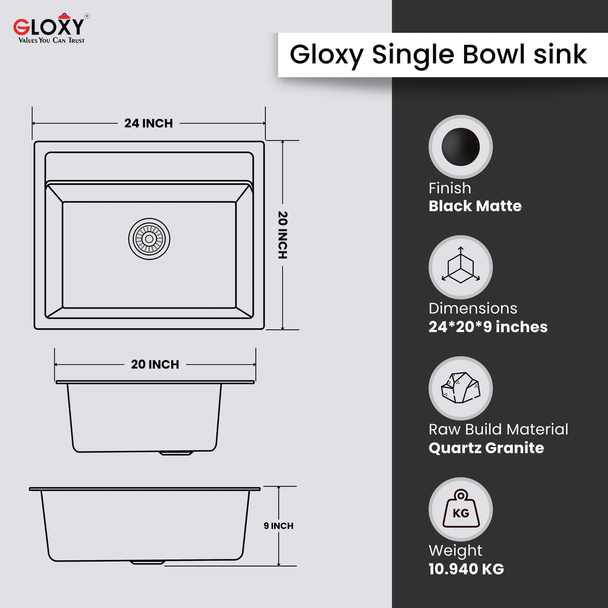 Gloxy Premium Granite Quartz Kitchen Sink 16" x 18" x 9" - Black Matte Finish