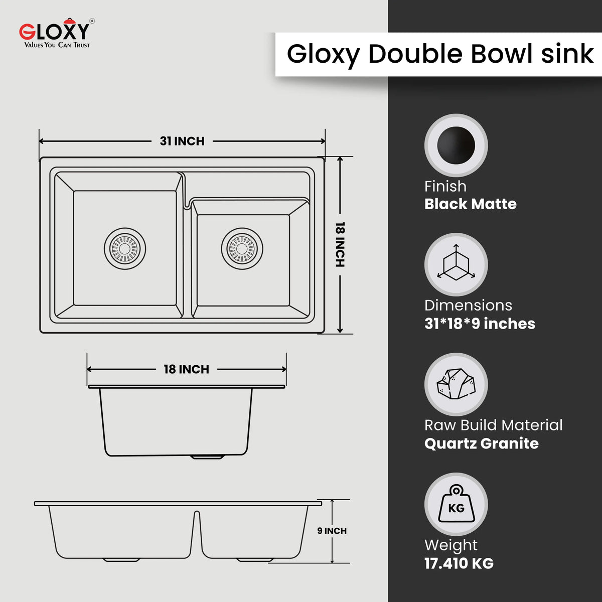 GLOXY Premium Quartz Granite Double Bowl Kitchen Sink 31x18x9 Inches