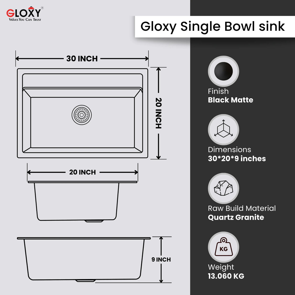 Gloxy Premium Granite Quartz Kitchen Sink 16" x 18" x 9" - Black Matte Finish