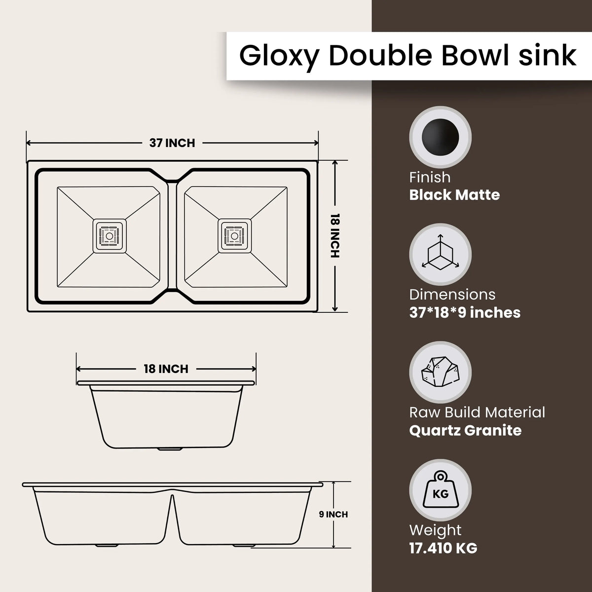 GLOXY Premium Quartz Granite Double Bowl Kitchen Sink 37x18x9 Inches