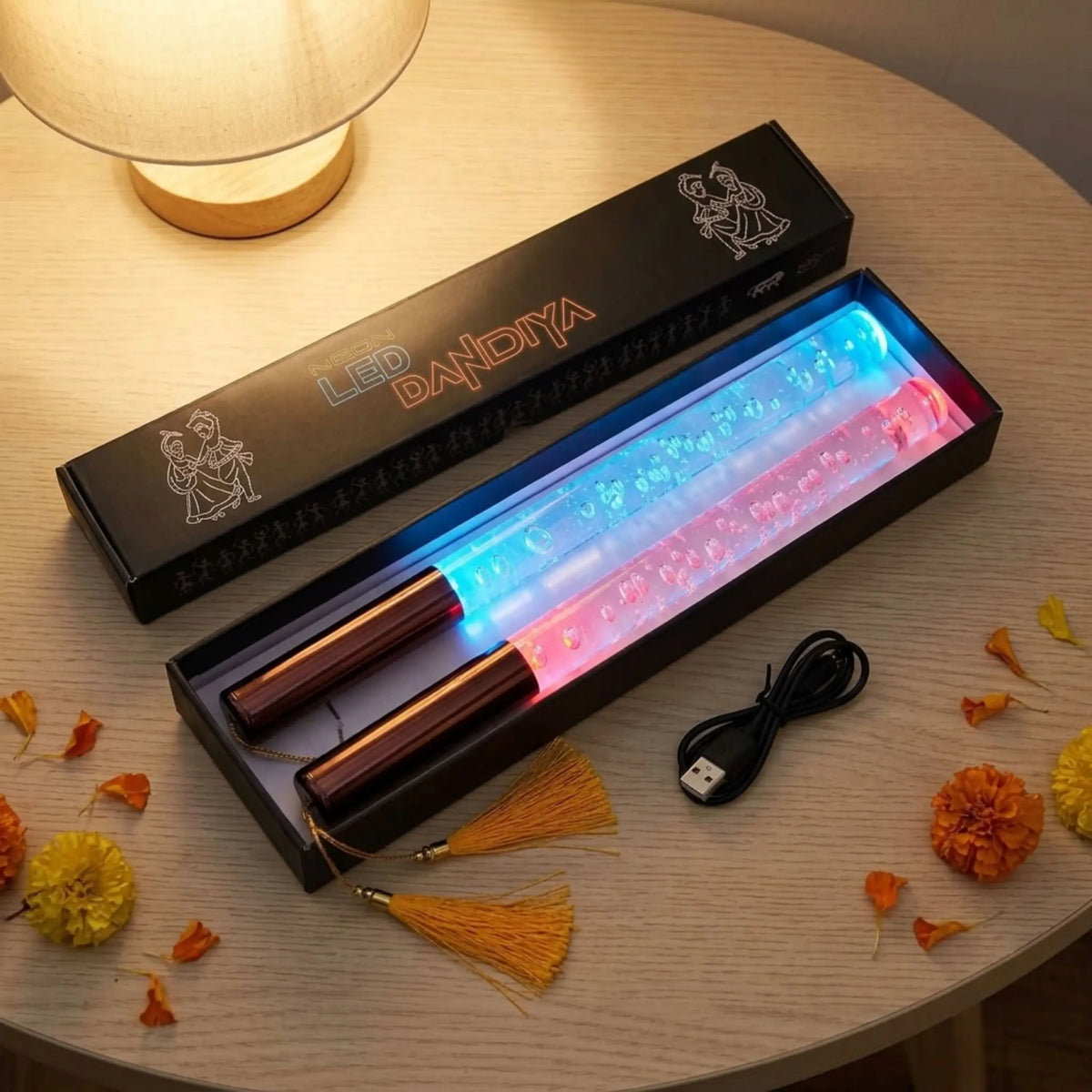 Multi Colour LED Dandiya Sticks for Garba & Navratri – Rechargeable Colour Changing Light Up Dandiya | Rose Gold