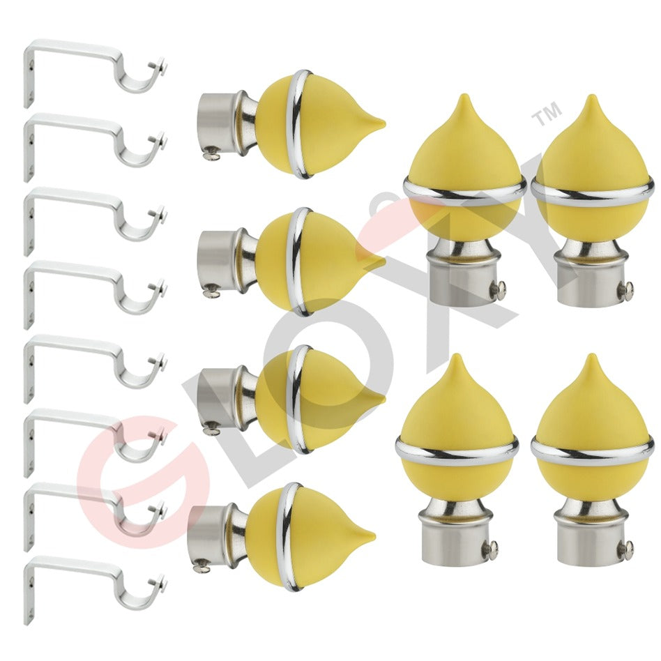 Gloxy Matka Shape Stainless Steel & ABS Curtain Rod Finials with Support– Yellow 4 Pair