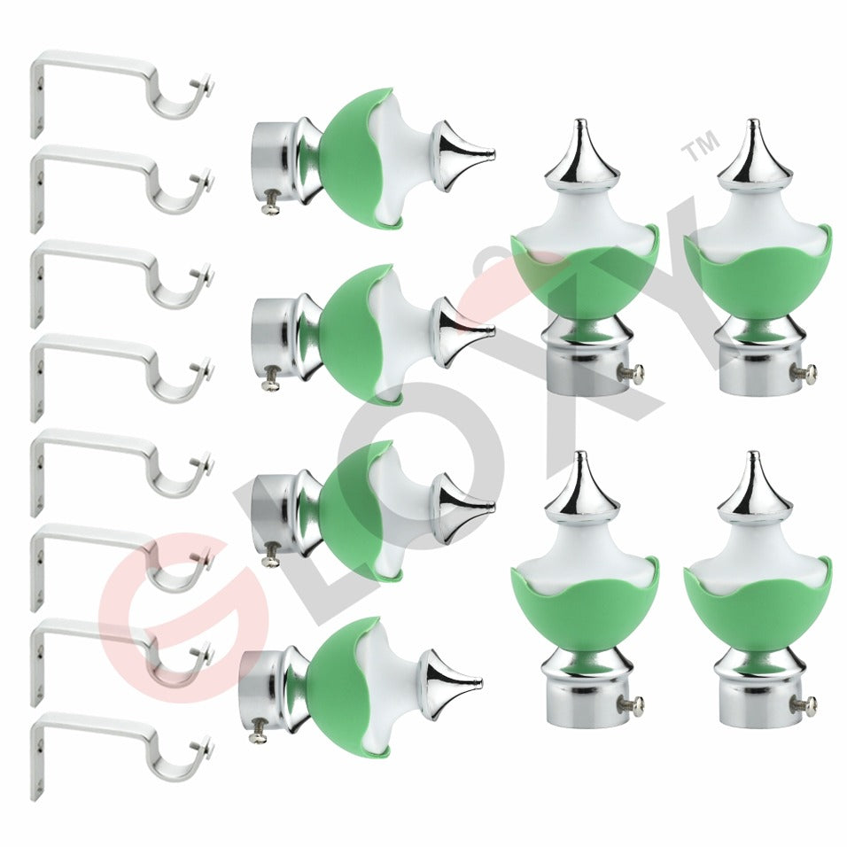 Gloxy Double Colour Stainless Steel & ABS Curtain Rod Finials with Support– Green 4 Pair