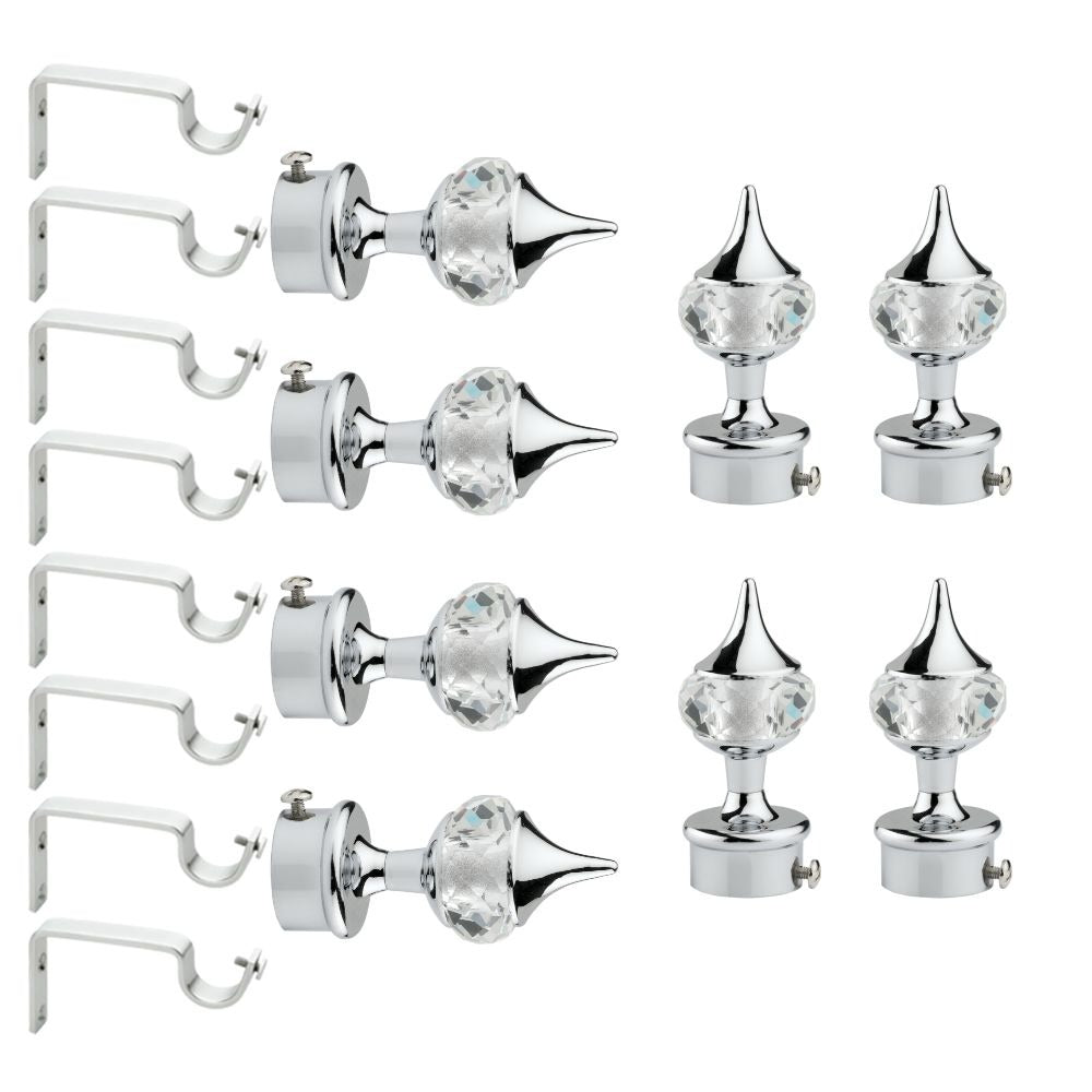 Gloxy Single Diamond Aluminium Curtain Rod Finials with Support– Silver 4 Pair