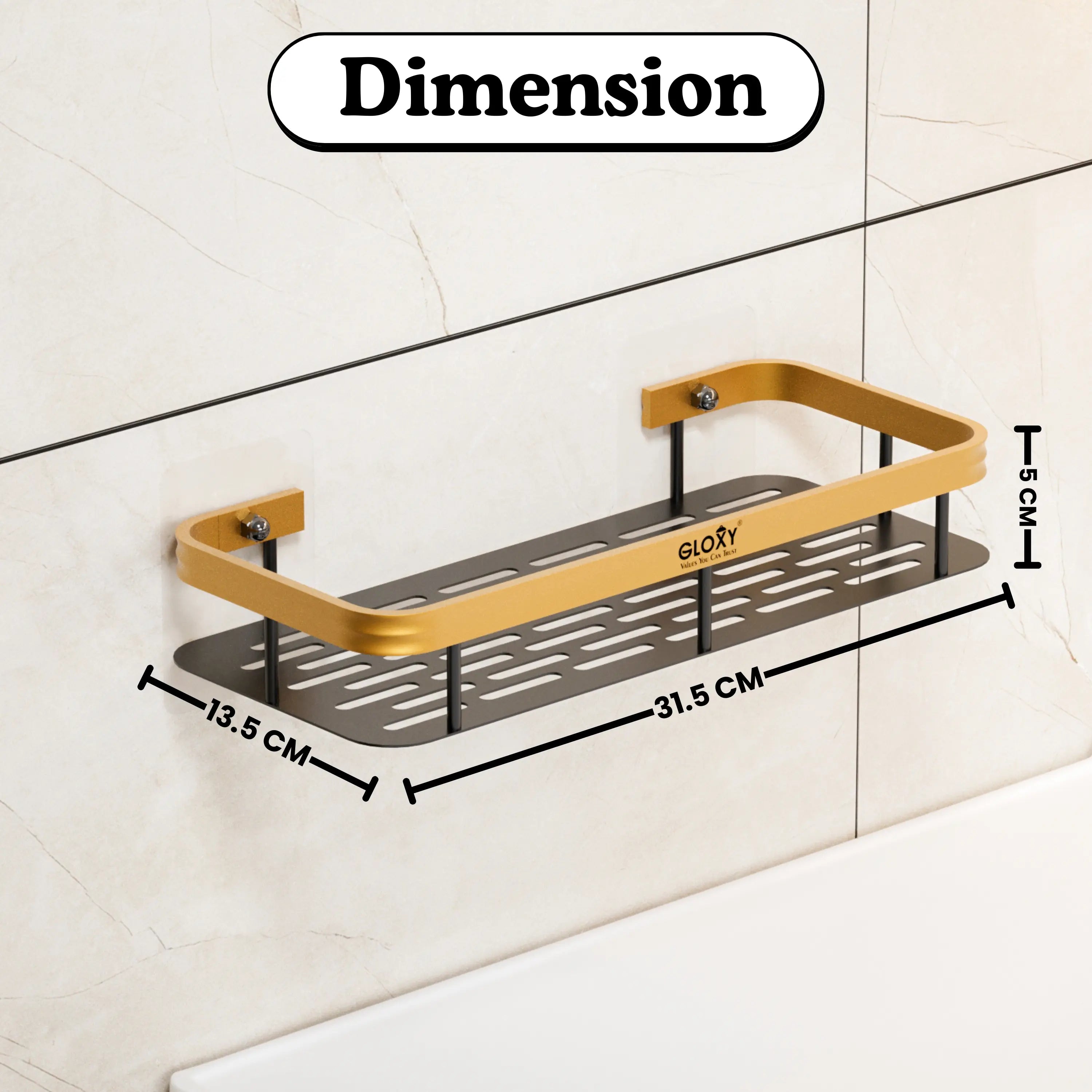Bathroom shelf with dimensions labeled on a tiled wall background