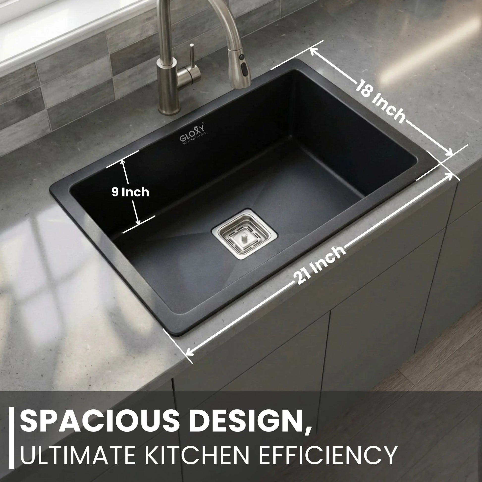 Gloxy Stainless Steel 304 Grade Single Bowl Quartz Kitchen Sink 21x18 Inch- Black