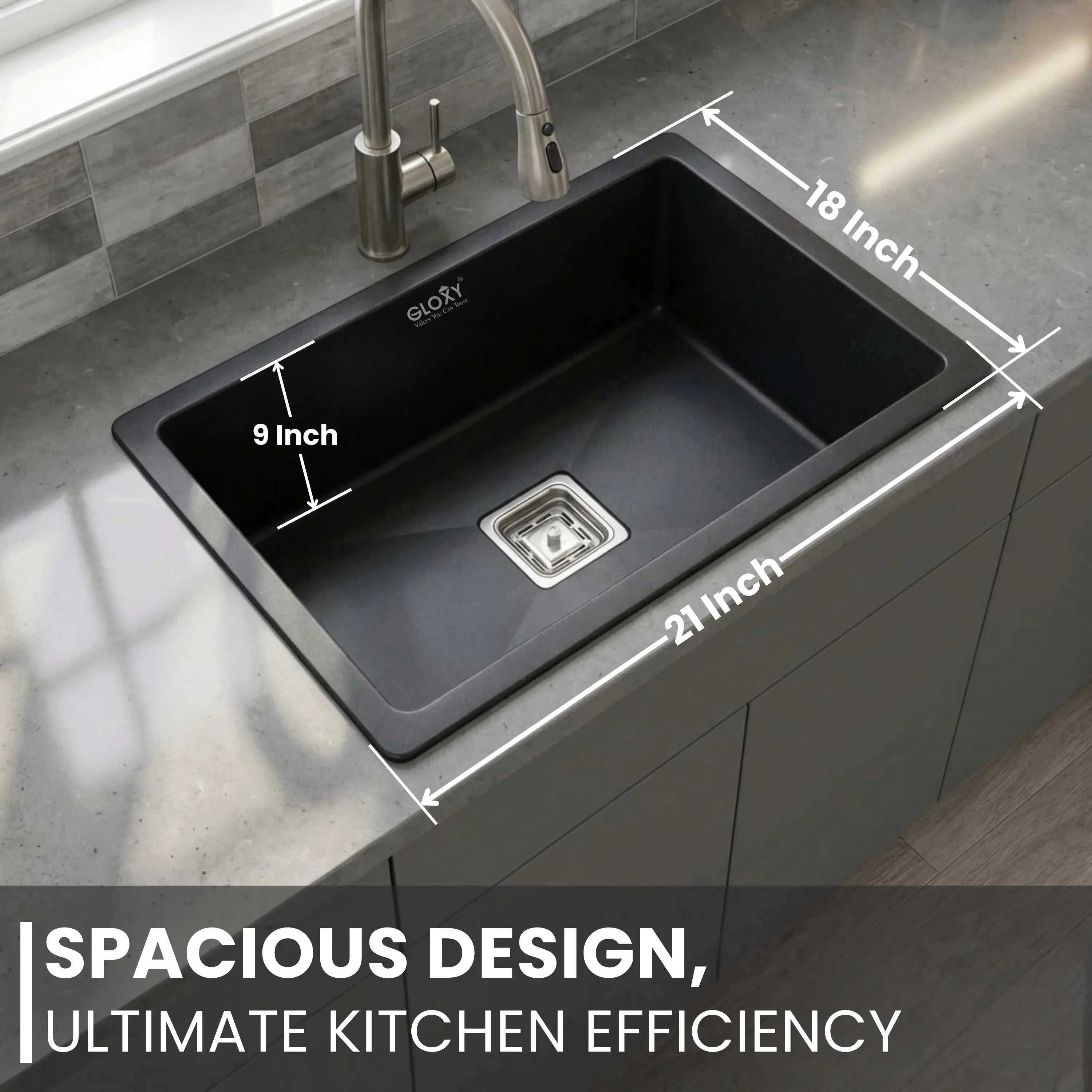 Gloxy Stainless Steel 304 Grade Single Bowl Quartz Kitchen Sink 21x18 Inch- Black