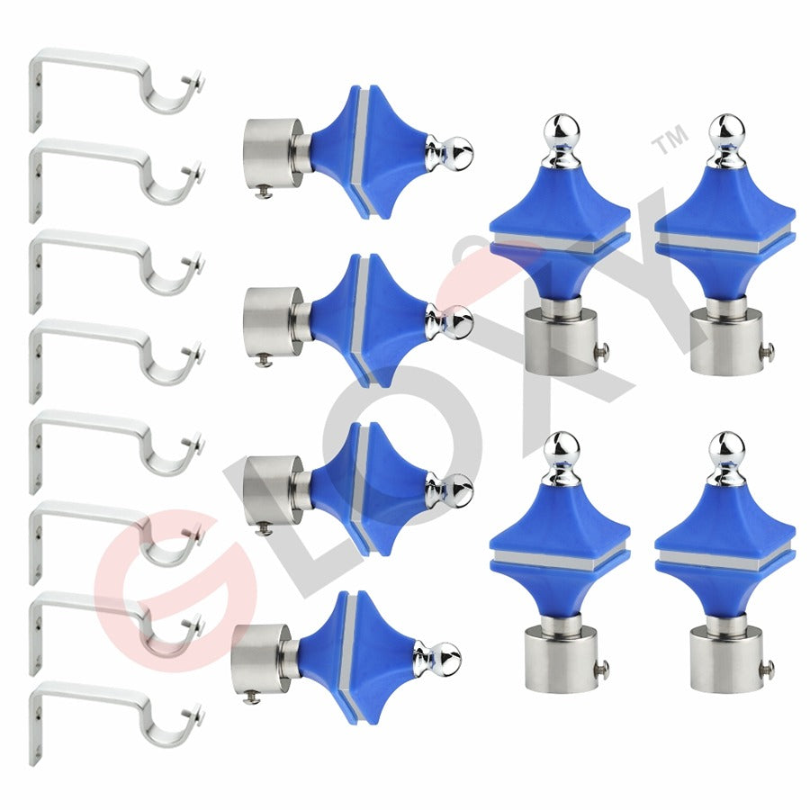 Gloxy Hexa Shape Stainless Steel & ABS Curtain Rod Finials with Support– Blue 4 Pair