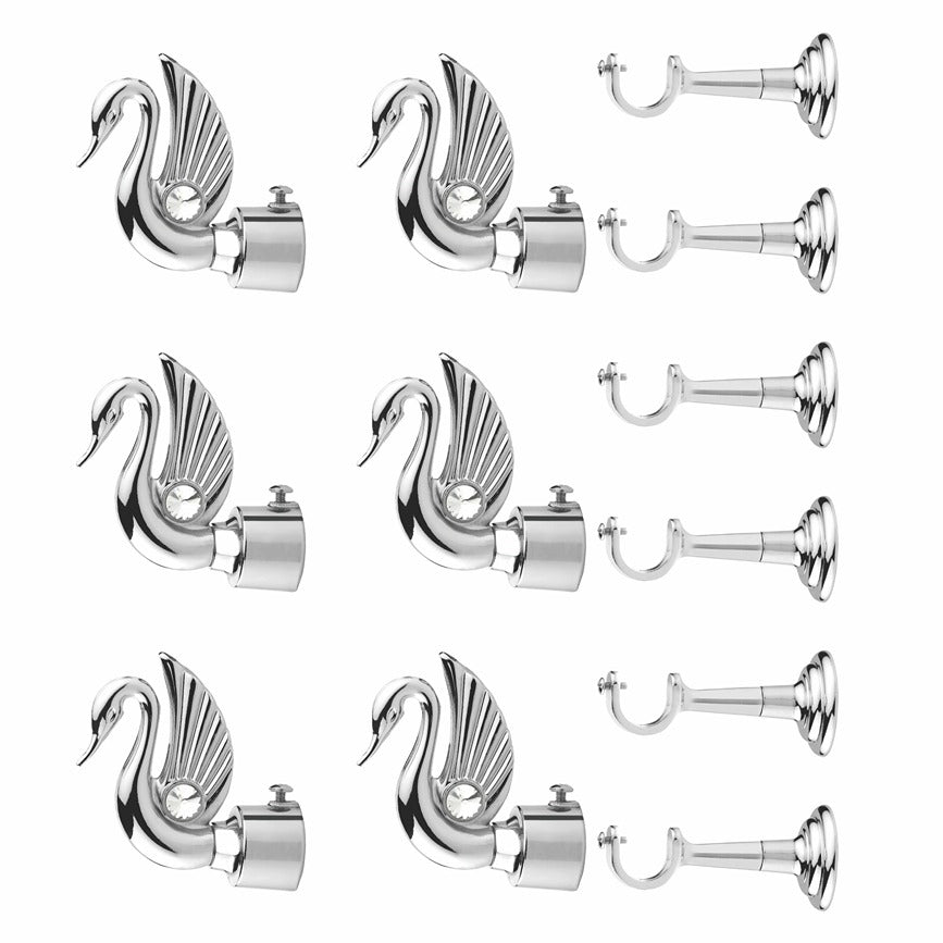 Gloxy Swan Bird Design Aluminium Curtain Rod Finials with Support– Silver 3 Pair