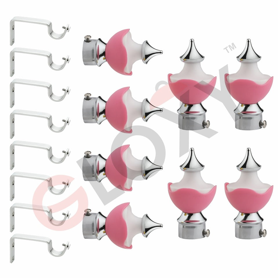 Gloxy Double Colour Stainless Steel & ABS Curtain Rod Finials with Support– Pink 4 Pair