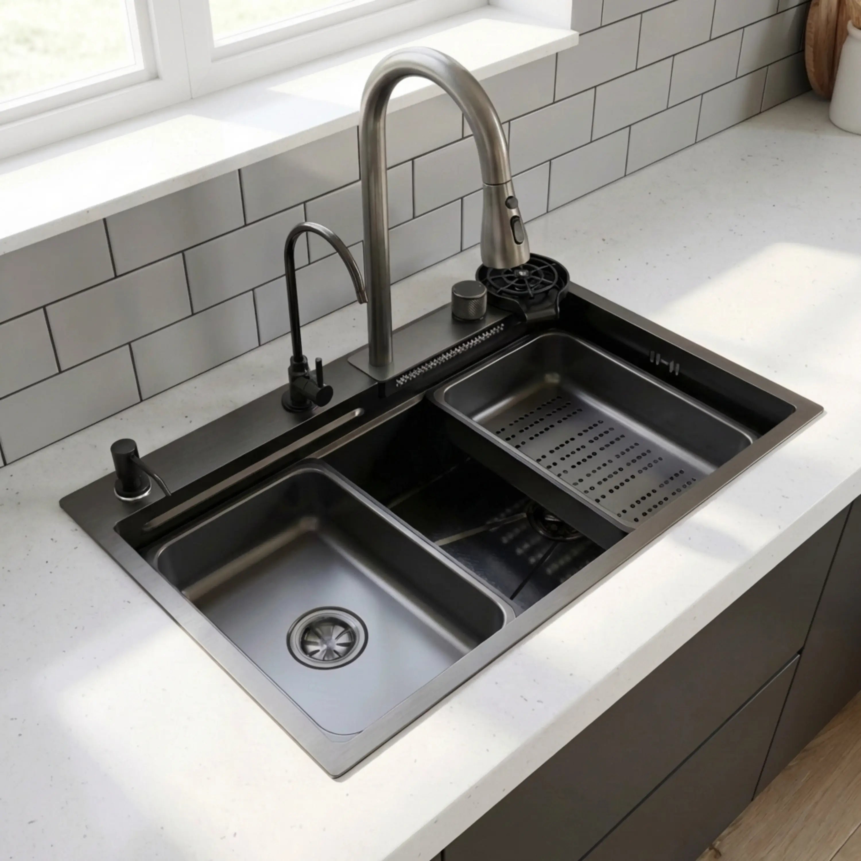 GLOXY Stainless Steel Waterfall Sink With Waterfall Faucet,RO Tap