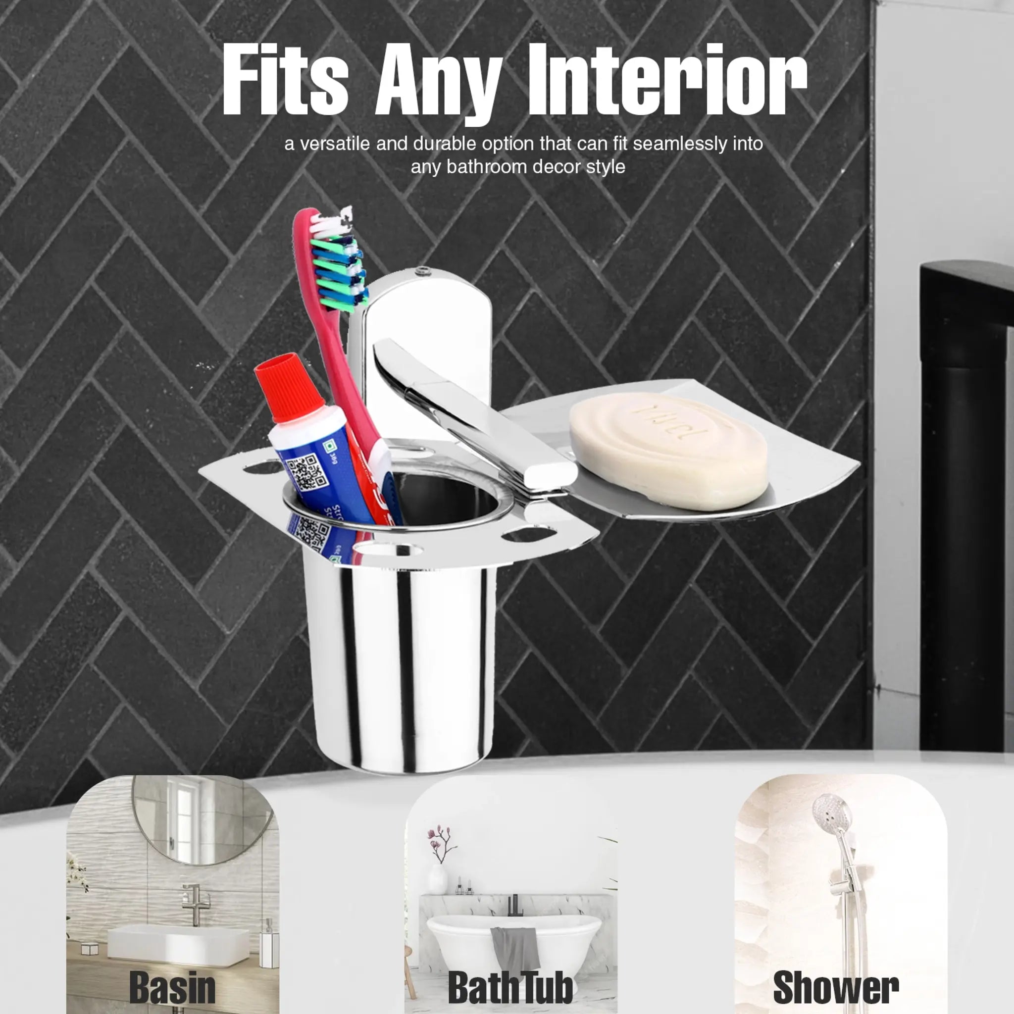 Gloxy Rectangular Shape Stainless Steel 202 Grade Chrome Finish Single Soap Holder With Tumbler Holder