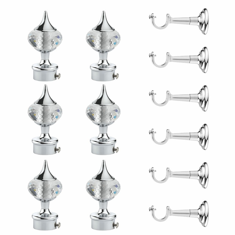 Gloxy Single Diamond Aluminium Curtain Rod Finials with Support– Silver 3 Pair