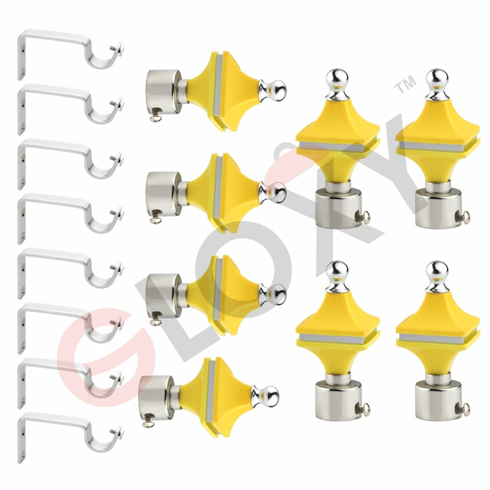 Gloxy Hexa Shape Stainless Steel & ABS Curtain Rod Finials with Support– Yellow 5 Pair
