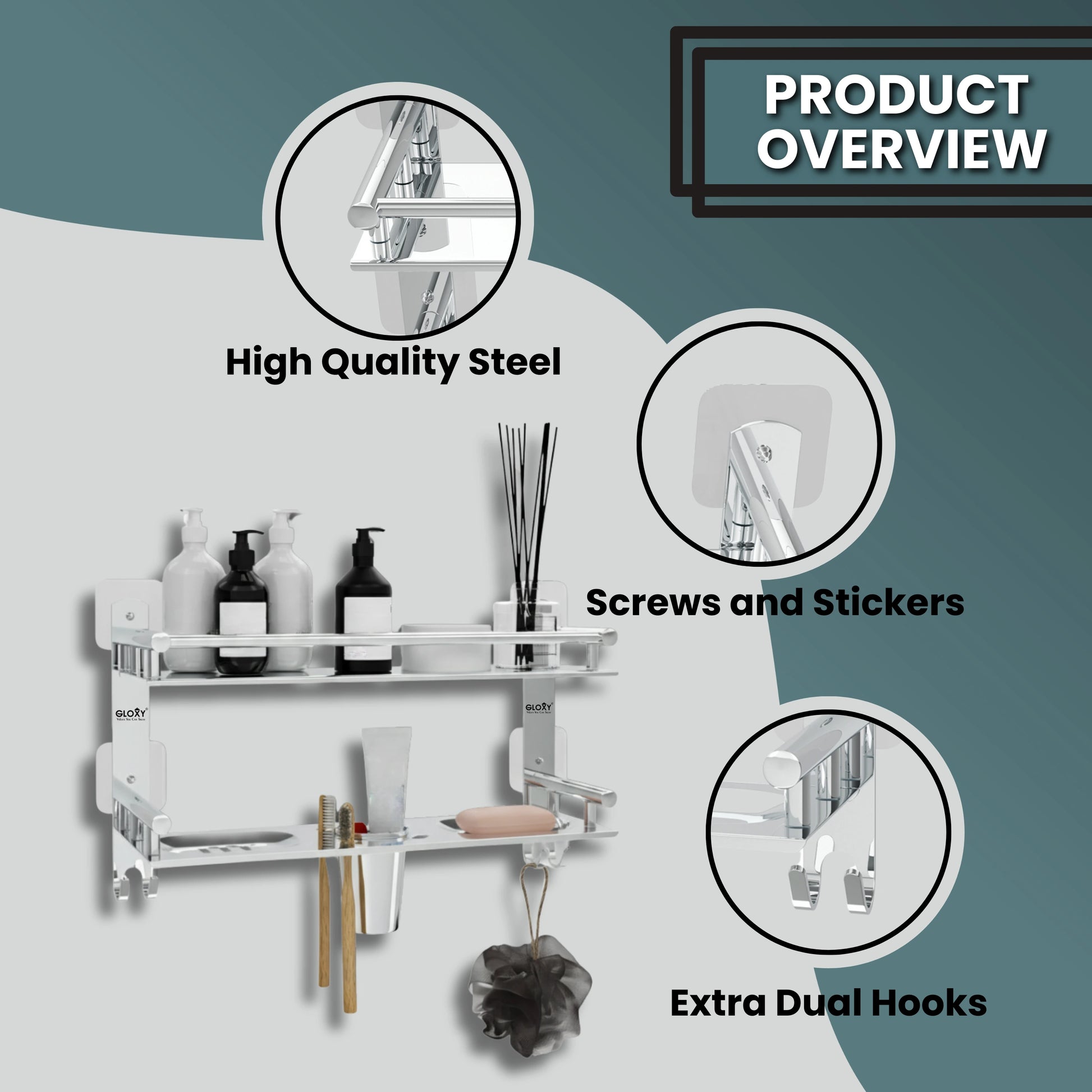 Gloxy Stainless Steel 2-Layer Chrome Finish Bathroom Shelf with Soap Dish, Tumbler Holder, Hooks-Adhesive Sticker Installation